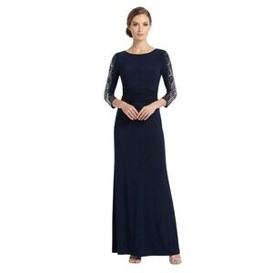 SLNY Dress Women's 14 Black Beaded Ruched 3/4 Sleeve Maxi Evening Formal Gown